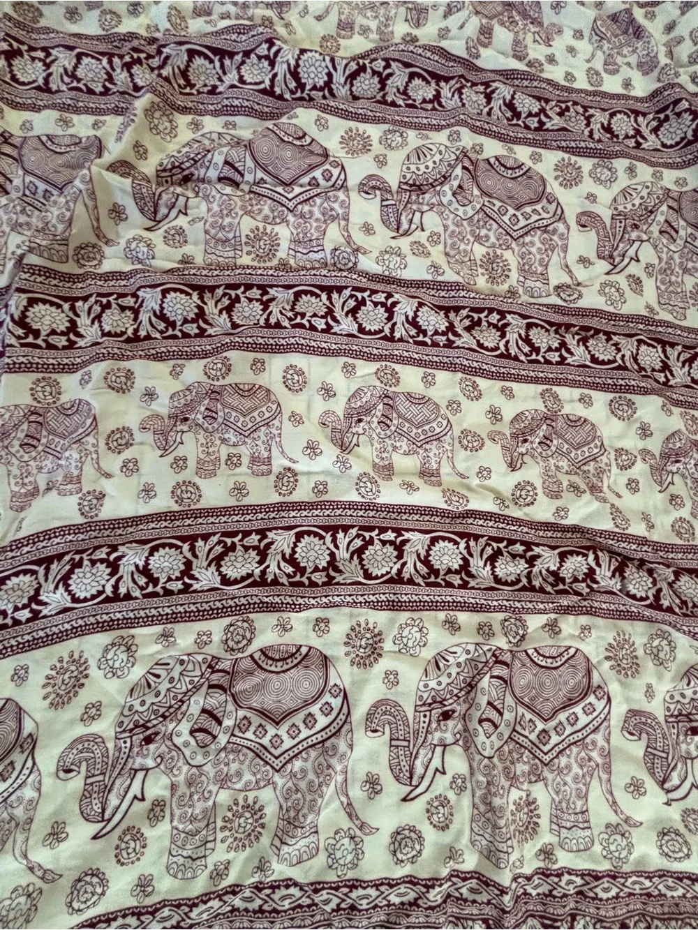 Elephant Print Anthropologie Fringed Wrap Scarf in Cream and Burgundy